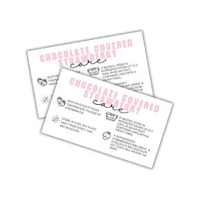 Chocolate Covered Dipped Strawberry Care Instruction Cards | 50pk 2x3.5" Dessert Loyalty Strawberries Template Editable DIY Cookie Valentine’s Packaging