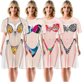 4 Pcs Women's Bikini Shirt Cover up Short Sleeve Cute Bikini Print Baggy Swimwear Cover up Beach Bikini T Shirt, XL