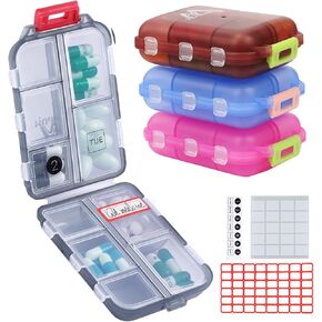 4PS Travel Pill Organizer with 164 Slice Labels，10 Compartments Travel Pill Box Portable Folding Small Pill Case Daily Pill Container Used for Carry Storage Medicine Organizer by M MUchengbao (Blue)