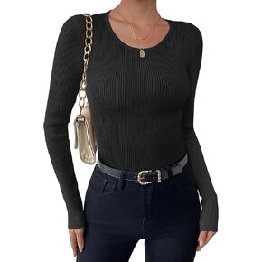Zeagoo Women's Long Sleeve Ribbed Shirt 2024 Fall Knit Sweater Basic Slim Fit Tops Crewneck Cute Outfits