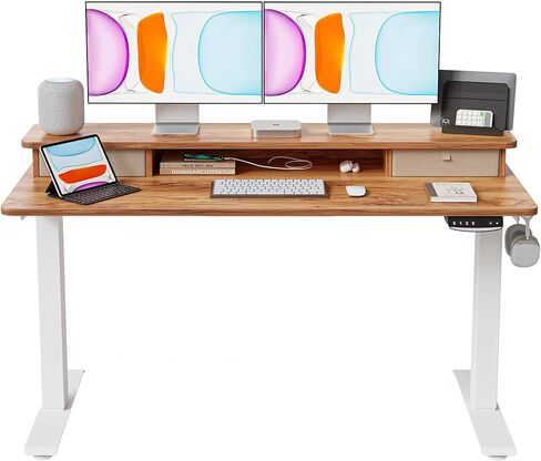 BANTI مكتب قائم كهربائي مقاس 40 × 24 بوصة مع أدراج مزدوجة، مكتب وقوف بارتفاع قابل للتعديل، مكتب مكتب منزلي للجلوس مع رف تخزين، سطح بني ريفي فاتح in Kuwait