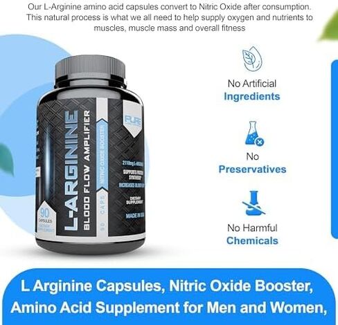 L Arginine Capsules, Nitric Oxide Booster, Amino Acid Supplement for Men and Women, Helps Build Muscle & Strength and Boost Energy, Blood Flow Support - 90 caps in Saudi Arabia