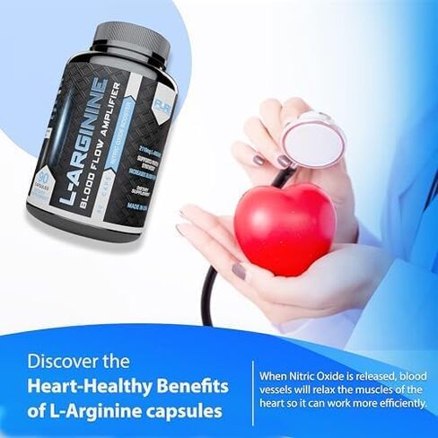 L Arginine Capsules, Nitric Oxide Booster, Amino Acid Supplement for Men and Women, Helps Build Muscle & Strength and Boost Energy, Blood Flow Support - 90 caps in Saudi Arabia
