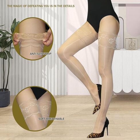 HTRUIYA Women's Glossy Thigh High Stockings Shiny Hold Ups Stockings 8 Denier Sexy Lace Top Stay Up Nylon Sheer Stockings in Kuwait