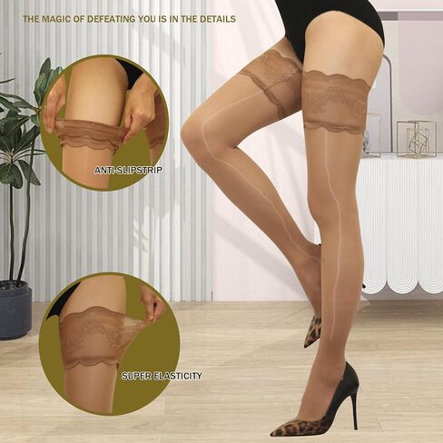HTRUIYA Women's Glossy Thigh High Stockings Shiny Hold Ups Stockings 8 Denier Sexy Lace Top Stay Up Nylon Sheer Stockings in Kuwait