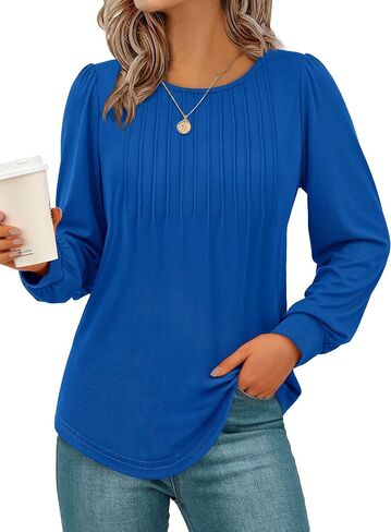 NALANISA Women's Puff Long Sleeve Tunic Tops Pleated Work Blouses Dressy Casual Loose Crew Neck T-Shirts Fall Fashion 2024 in Saudi Arabia