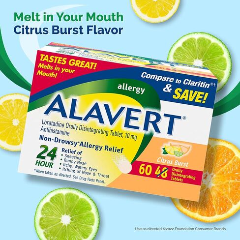 Alavert Allergy 24 Hour Relief, Citrus Burst Flavor, Orally Disintegrating Allergy Tablets, Non-drowsy Antihistamine, Loratadine 10mg, 18 Count in Saudi Arabia