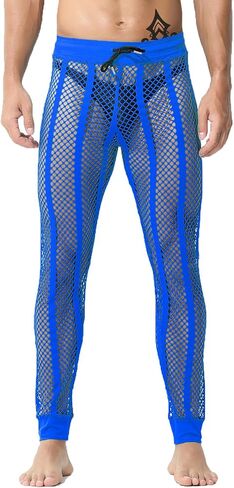 JINSHI Men's Fishnet Striped Lounge Pants Drawstring Lightweight Pyjama Trousers Legging Muscle UnderPants Swimwear in Kuwait