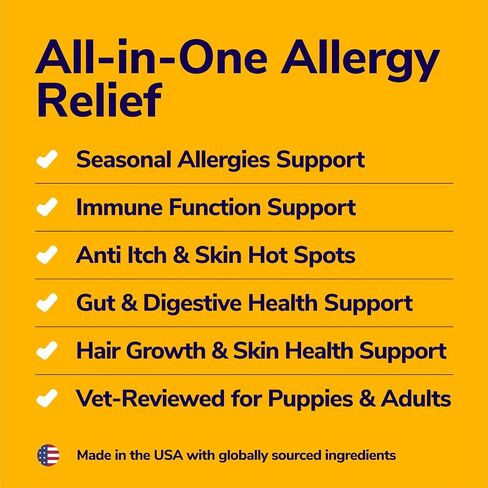 مضغ تخفيف حساسية الكلاب من MIRACLE VET - تخفيف حكة الكلاب ولدغات المناعة المسببة للحساسية - علاجات مكملات الحيوانات الأليفة - لعق المعطف، البقع الساخنة على الجلد، الحساسية، فيتامينات البروبيوتيك، دعم أمعاء اللبأ in Kuwait