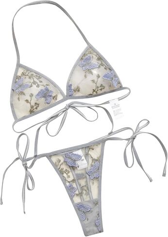 Embroidered Honeymoon Lingerie For Women Halter Neck Non Padded Bra & V-Strings, Womens Lingerie Set & Underwear in Kuwait