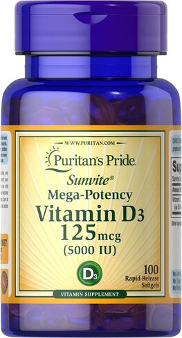 Puritan's Pride Vitamin D3 Mega Potency 5000 IU Bolsters Immune Health System Support and Healthy Bones & Teeth, Unflovored, 100 Count in Saudi Arabia