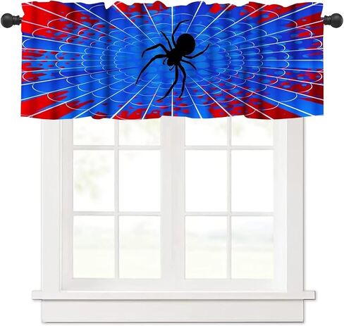 Spider Web Boys Blue Kitchen Curtain Valances Window Kids Girls Teens Rod Pocket Small Valance Treatments for Halloween Decoration Bedroom Bathroom,1 Panel,54" x 18" in Kuwait