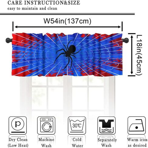 Spider Web Boys Blue Kitchen Curtain Valances Window Kids Girls Teens Rod Pocket Small Valance Treatments for Halloween Decoration Bedroom Bathroom,1 Panel,54" x 18" in Kuwait