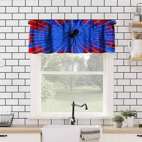 Spider Web Boys Blue Kitchen Curtain Valances Window Kids Girls Teens Rod Pocket Small Valance Treatments for Halloween Decoration Bedroom Bathroom,1 Panel,54" x 18" in Kuwait