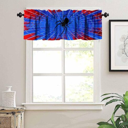 Spider Web Boys Blue Kitchen Curtain Valances Window Kids Girls Teens Rod Pocket Small Valance Treatments for Halloween Decoration Bedroom Bathroom,1 Panel,54" x 18" in Kuwait