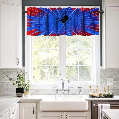 Spider Web Boys Blue Kitchen Curtain Valances Window Kids Girls Teens Rod Pocket Small Valance Treatments for Halloween Decoration Bedroom Bathroom,1 Panel,54" x 18" in Kuwait
