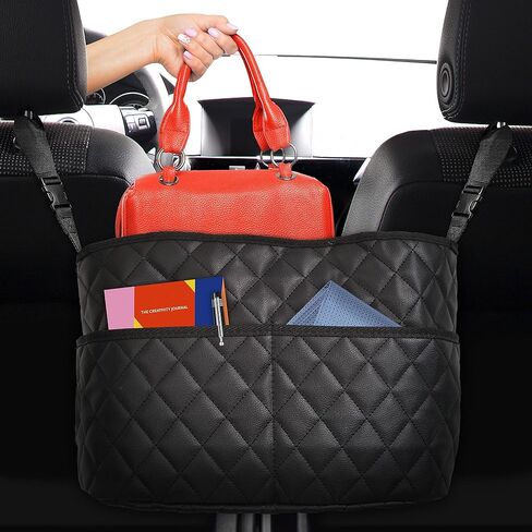 Car Net Pocket Handbag Holder Between Seats, Luxury Quilted PU Leather Purse Car Organizer With 2 Extra Pockets For Storage, Black in Kuwait