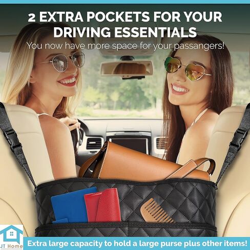 Car Net Pocket Handbag Holder Between Seats, Luxury Quilted PU Leather Purse Car Organizer With 2 Extra Pockets For Storage, Black in Kuwait