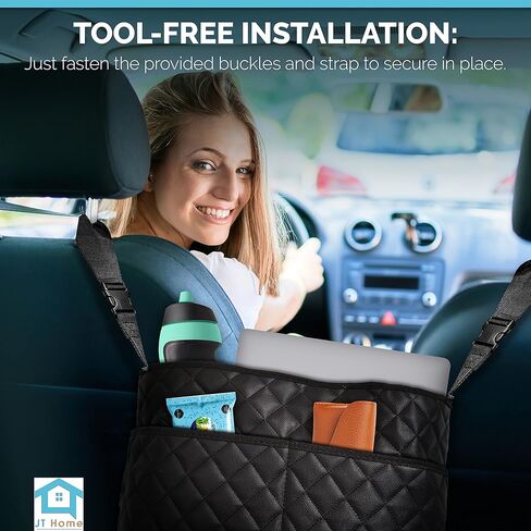 Car Net Pocket Handbag Holder Between Seats, Luxury Quilted PU Leather Purse Car Organizer With 2 Extra Pockets For Storage, Black in Kuwait