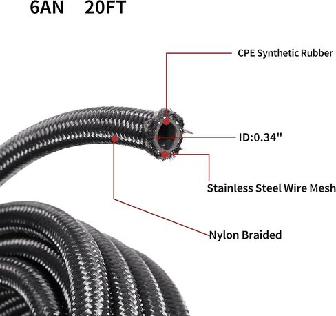 6AN مجموعة خط الوقود 20Ft CPE نايلون مضفر خرطوم خط الوقود والتجهيزات لمجموعة من أنظمة الوقود - أسود in Kuwait