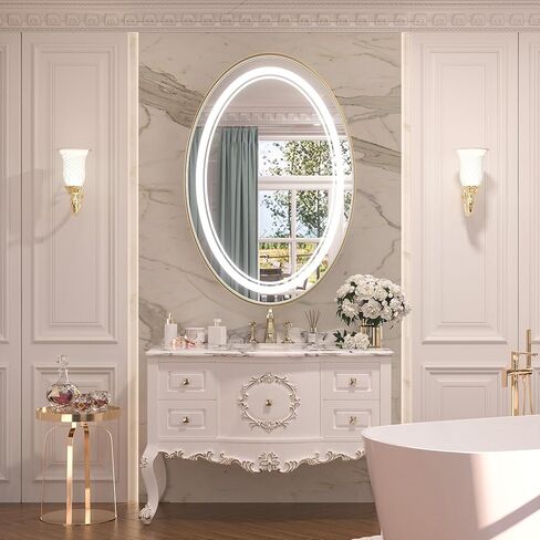 مرآة LED بيضاوية مقاس 22 × 30 بوصة من Keonjinn للحمام مع أضواء أمامية سوداء مؤطرة بـ 3 درجات حرارة ملونة مثبتة على الحائط مرآة زينة مقاومة للماء IP54 in Kuwait
