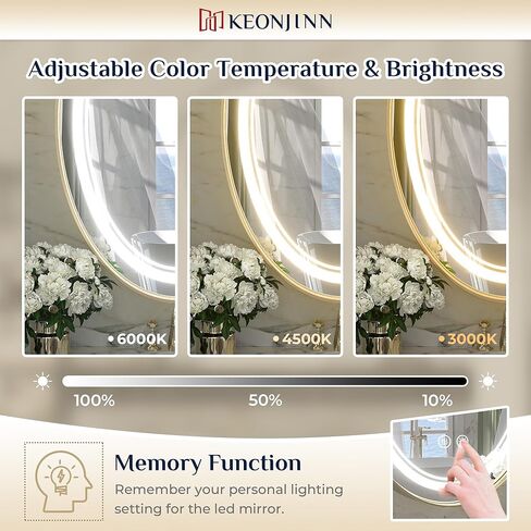 مرآة LED بيضاوية مقاس 22 × 30 بوصة من Keonjinn للحمام مع أضواء أمامية سوداء مؤطرة بـ 3 درجات حرارة ملونة مثبتة على الحائط مرآة زينة مقاومة للماء IP54 in Kuwait