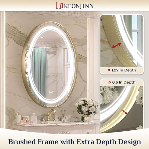 مرآة LED بيضاوية مقاس 22 × 30 بوصة من Keonjinn للحمام مع أضواء أمامية سوداء مؤطرة بـ 3 درجات حرارة ملونة مثبتة على الحائط مرآة زينة مقاومة للماء IP54 in Kuwait