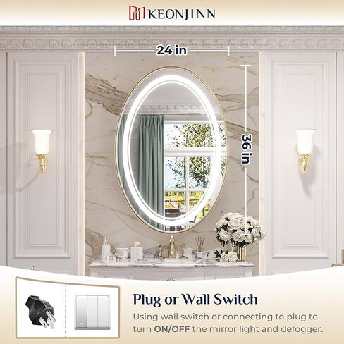 مرآة LED بيضاوية مقاس 22 × 30 بوصة من Keonjinn للحمام مع أضواء أمامية سوداء مؤطرة بـ 3 درجات حرارة ملونة مثبتة على الحائط مرآة زينة مقاومة للماء IP54 in Kuwait