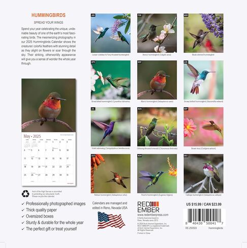 RED EMBER Hummingbirds 2025 Hangable Monthly Wall Calendar | 12" x 24" Open | Thick & Sturdy Paper | Giftable | Wildlife Garden Nature | Spread Your Wings in Kuwait