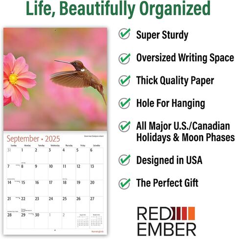 RED EMBER Hummingbirds 2025 Hangable Monthly Wall Calendar | 12" x 24" Open | Thick & Sturdy Paper | Giftable | Wildlife Garden Nature | Spread Your Wings in Kuwait