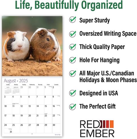 RED EMBER Guinea Pigs 2025 Hangable Monthly Wall Calendar | 12" x 24" Open | Thick & Sturdy Paper | Giftable | Kids Animals in Saudi Arabia