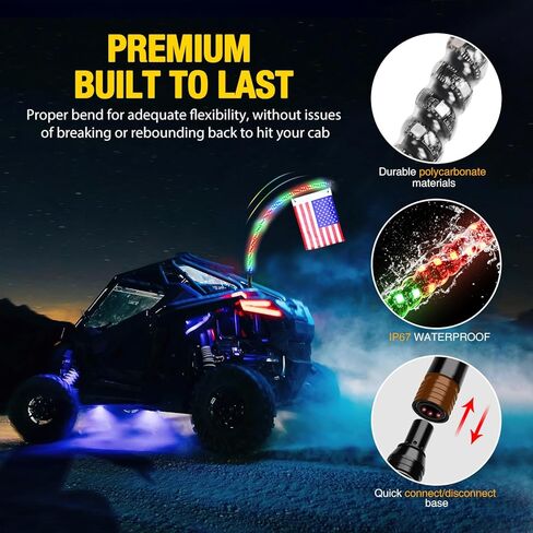 GOOACC 2PCS 5FT LED سوط ضوء دوامة RGB مطاردة السياط المضاء مع تطبيق بلوتوث وجهاز التحكم عن بعد RF إيقاف بدوره عكس هوائي الضوء السياط لشاحنة UTV ATV Buggy Dune RZR Can-am، ضمان لمدة عامين in Kuwait