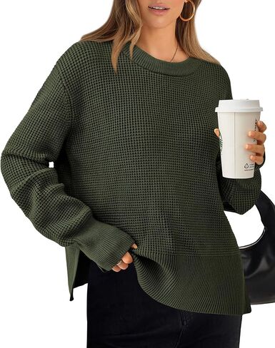 BTFBM Casual Women Fall Sweater 2024 Long Sleeve Ribbed Knit Pullover Loose Crewneck Split Cozy Sweater in Saudi Arabia