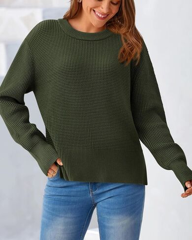 BTFBM Casual Women Fall Sweater 2024 Long Sleeve Ribbed Knit Pullover Loose Crewneck Split Cozy Sweater in Saudi Arabia