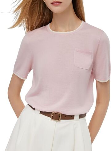 100% Pure Wool Women Summer Tops Trendy Crew Neck Short Sleeve Front Pocket Loose Fit Knit Pullover Sweaters Workout in Saudi Arabia