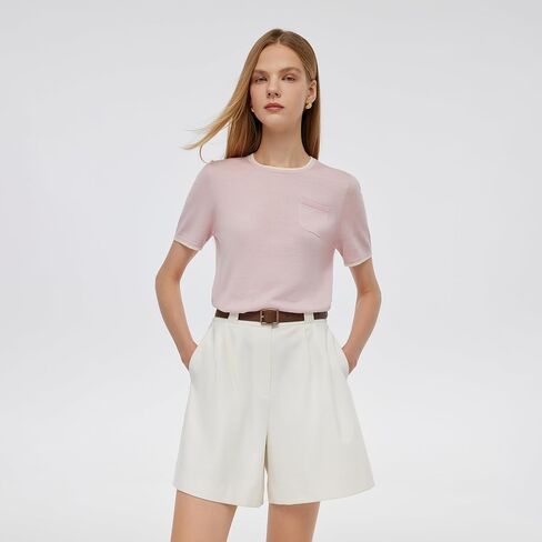 100% Pure Wool Women Summer Tops Trendy Crew Neck Short Sleeve Front Pocket Loose Fit Knit Pullover Sweaters Workout in Saudi Arabia