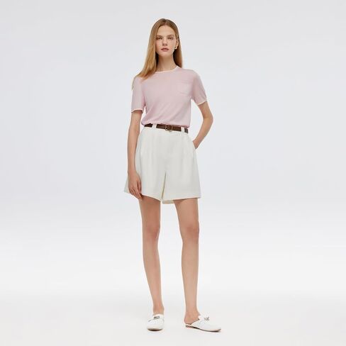 100% Pure Wool Women Summer Tops Trendy Crew Neck Short Sleeve Front Pocket Loose Fit Knit Pullover Sweaters Workout in Saudi Arabia