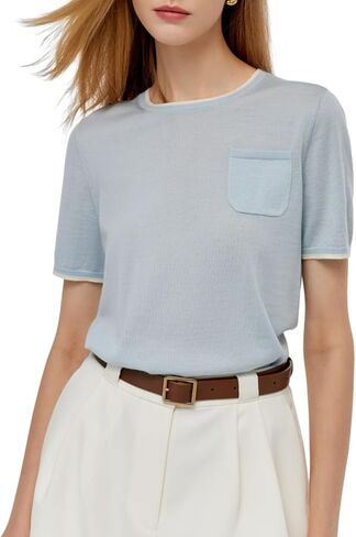 100% Pure Wool Women Summer Tops Trendy Crew Neck Short Sleeve Front Pocket Loose Fit Knit Pullover Sweaters Workout in Saudi Arabia