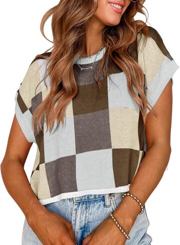 Womens Cap Sleeve Crop Tops Color Block Knit Summer Crew Neck Casual Sweaters in Saudi Arabia