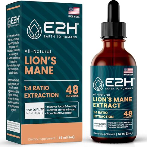 Lions Mane - مكمل Lions Mane - يعزز الوضوح العقلي والذاكرة والتركيز - سائل Lions Mane لدعم المناعة - صبغة الفطر - 2 أونصة سائلة من E2H in Kuwait