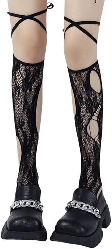 Women's Ripped Lace-Up Fishnet Socks Irregular Personality Y2K Hollow out Knee High Stockings in Saudi Arabia