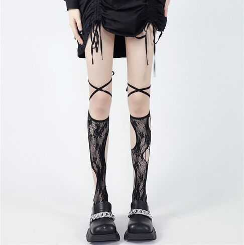 Women's Ripped Lace-Up Fishnet Socks Irregular Personality Y2K Hollow out Knee High Stockings in Saudi Arabia