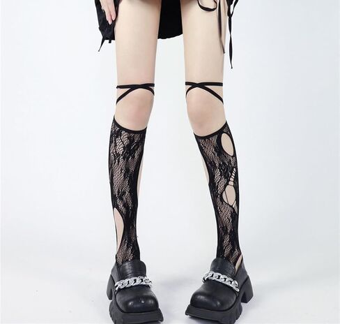 Women's Ripped Lace-Up Fishnet Socks Irregular Personality Y2K Hollow out Knee High Stockings in Saudi Arabia