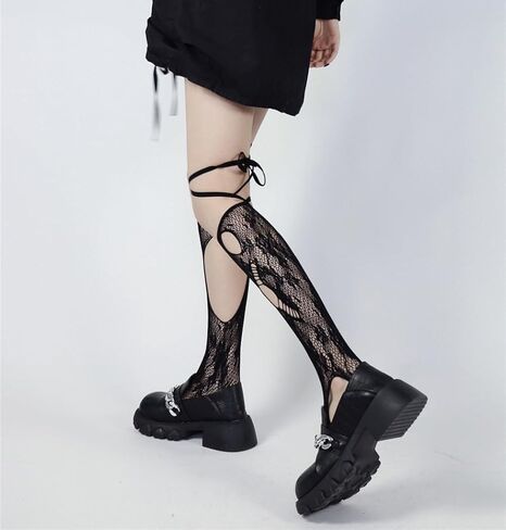Women's Ripped Lace-Up Fishnet Socks Irregular Personality Y2K Hollow out Knee High Stockings in Saudi Arabia