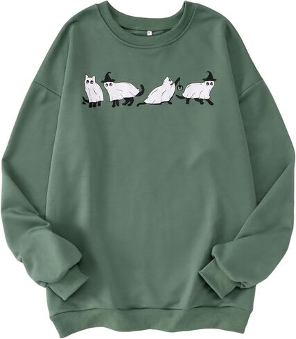MODNTOGA المرأة هالوين البلوز Crewneck اليقطين القطط السوداء الجرافيك البلوز قمم طويلة الأكمام خمر الزي هالوين in Kuwait