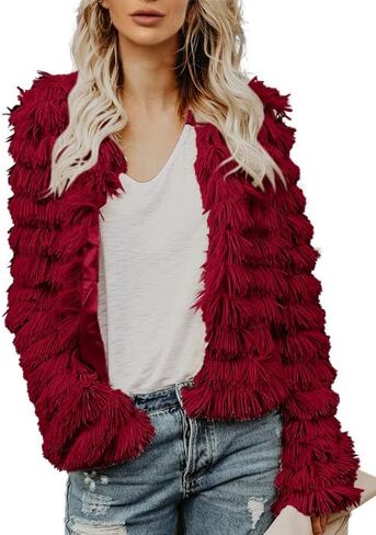 Womens Coat Long Sleeve Open Front Parka Shaggy Faux Fur Coat Jacket Parka Fuzzy Cardigan in Saudi Arabia