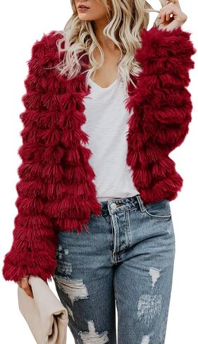 Womens Coat Long Sleeve Open Front Parka Shaggy Faux Fur Coat Jacket Parka Fuzzy Cardigan in Saudi Arabia