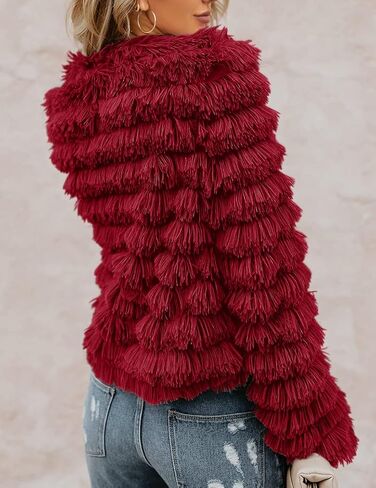 Womens Coat Long Sleeve Open Front Parka Shaggy Faux Fur Coat Jacket Parka Fuzzy Cardigan in Saudi Arabia