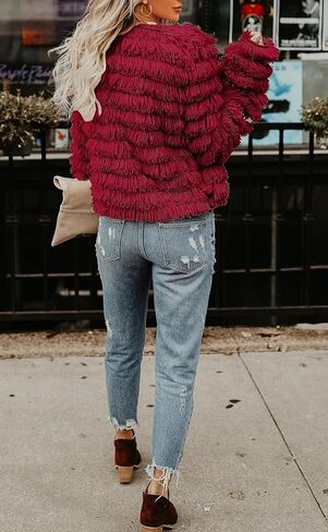Womens Coat Long Sleeve Open Front Parka Shaggy Faux Fur Coat Jacket Parka Fuzzy Cardigan in Saudi Arabia