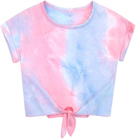 Girls Crop Top Tie Dye Short Sleeve Summer T Shirt Rolled Cuffs Tie Hem Fashion Shirts Tee 6-15 Years in Kuwait